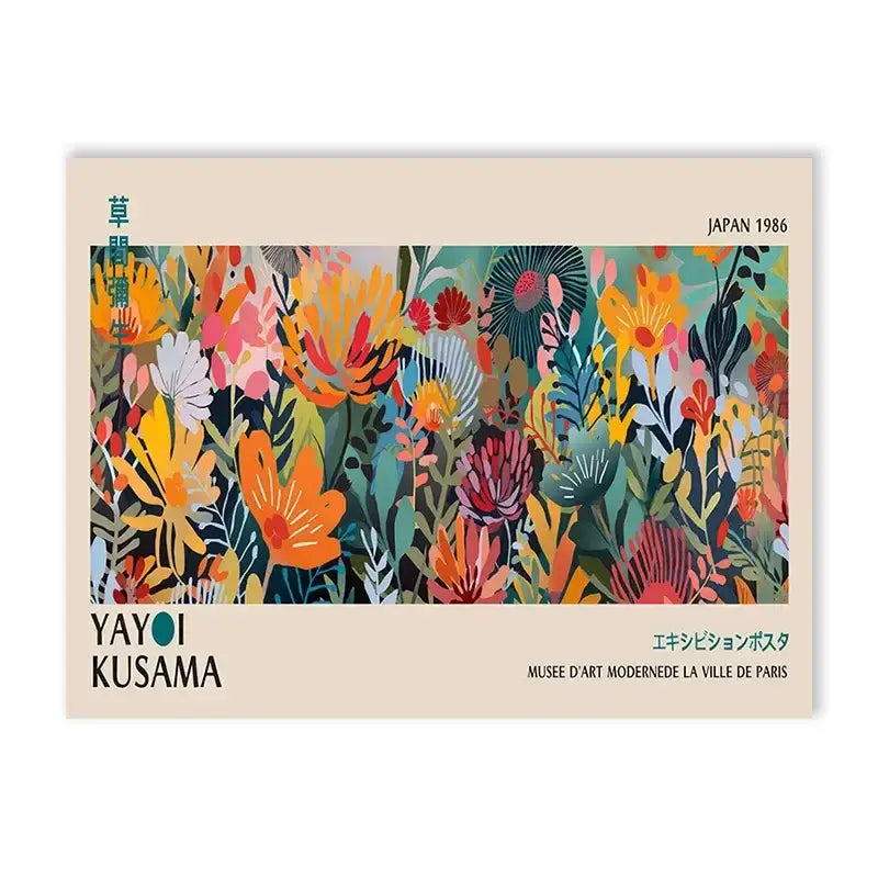 Large canvas print of vibrant yayoi kusama flower art poster featuring bold orange pink blooms with green foliage on beige background