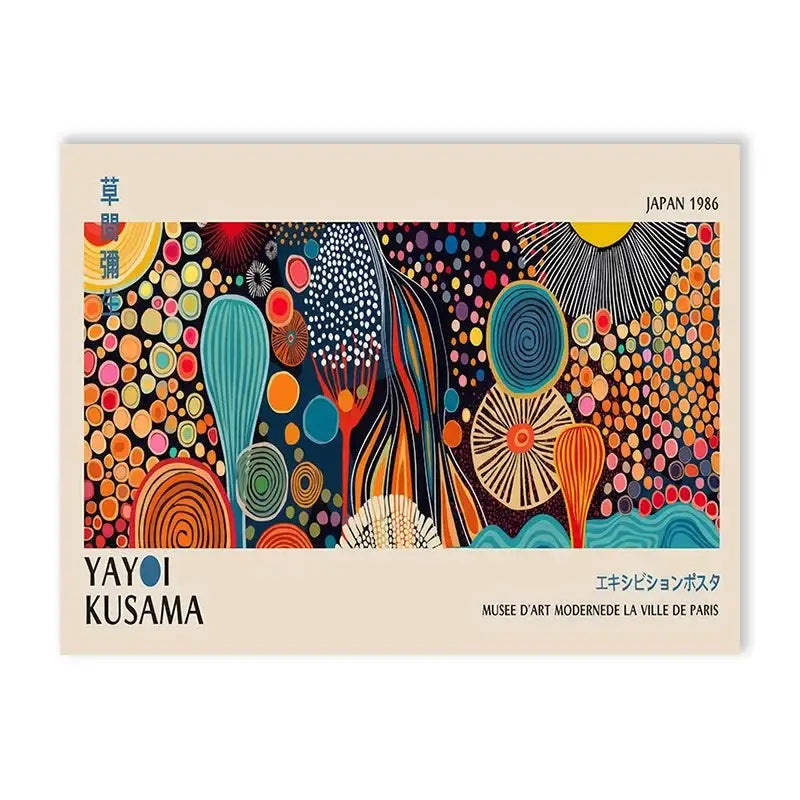 Vibrant abstract large canvas print featuring yayoi kusama flower design with bold teal orange red and yellow polka dots