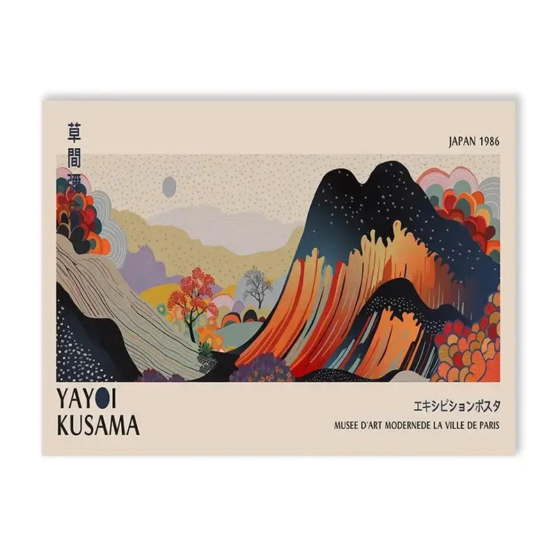 Vibrant large canvas print of yayoi kusama flower art poster featuring bold orange and black mountain peaks on speckled sky