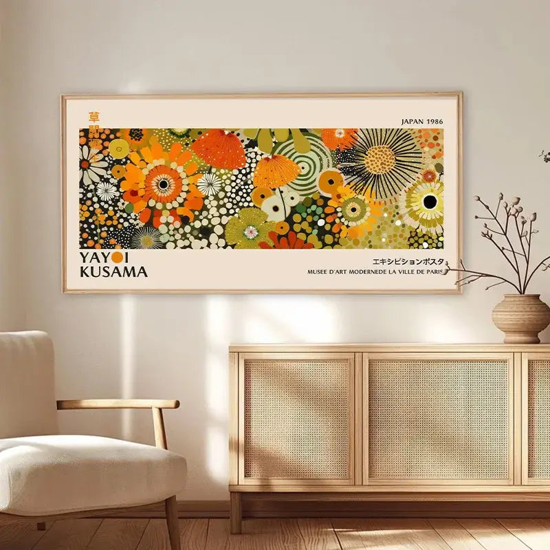 Decorbites™ yayoi kusama flower art poster featuring vibrant orange yellow and green floral artwork in a wooden frame