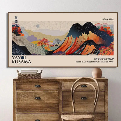 Vintage style framed decorbites™ yayoi kusama flower art poster featuring colorful abstract mountains and autumn trees