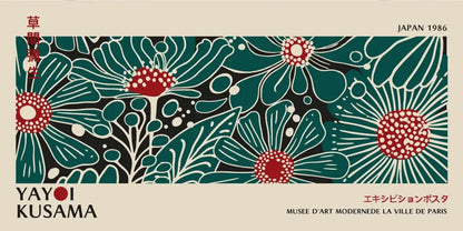 Teal and red floral patterned canvas wall art by yayoi kusama featuring kusama flower with dotted centers on black background