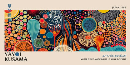 Decorbites™ yayoi kusama flower canvas wall art with vibrant psychedelic swirls and bold teal, orange, red, and blue colors
