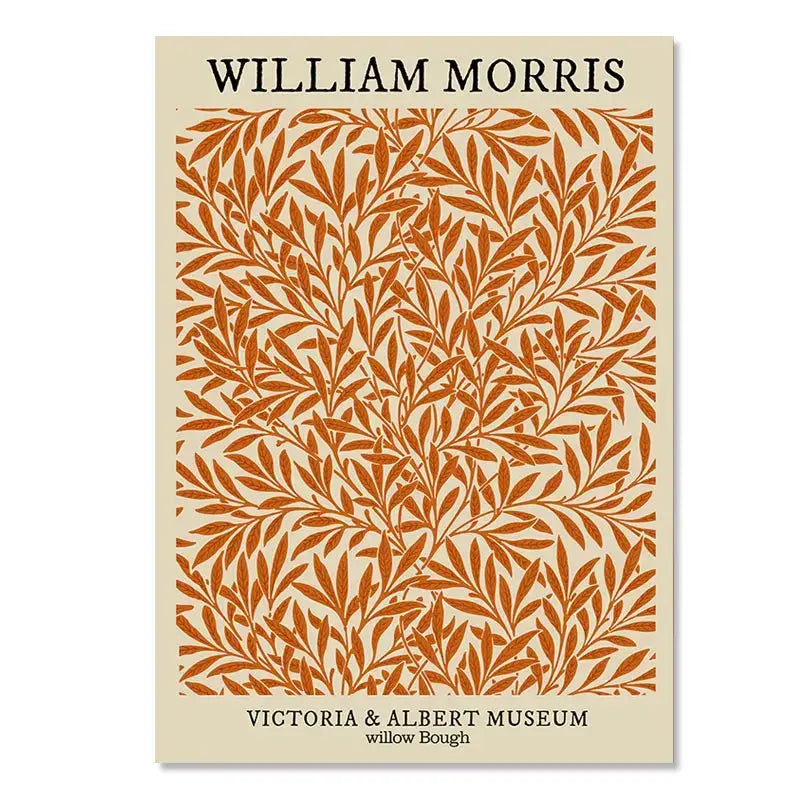 Rectangular floral canvas art with stylized orange willow leaves by william morris for victoria and albert museum inspired by yayoi kusama
