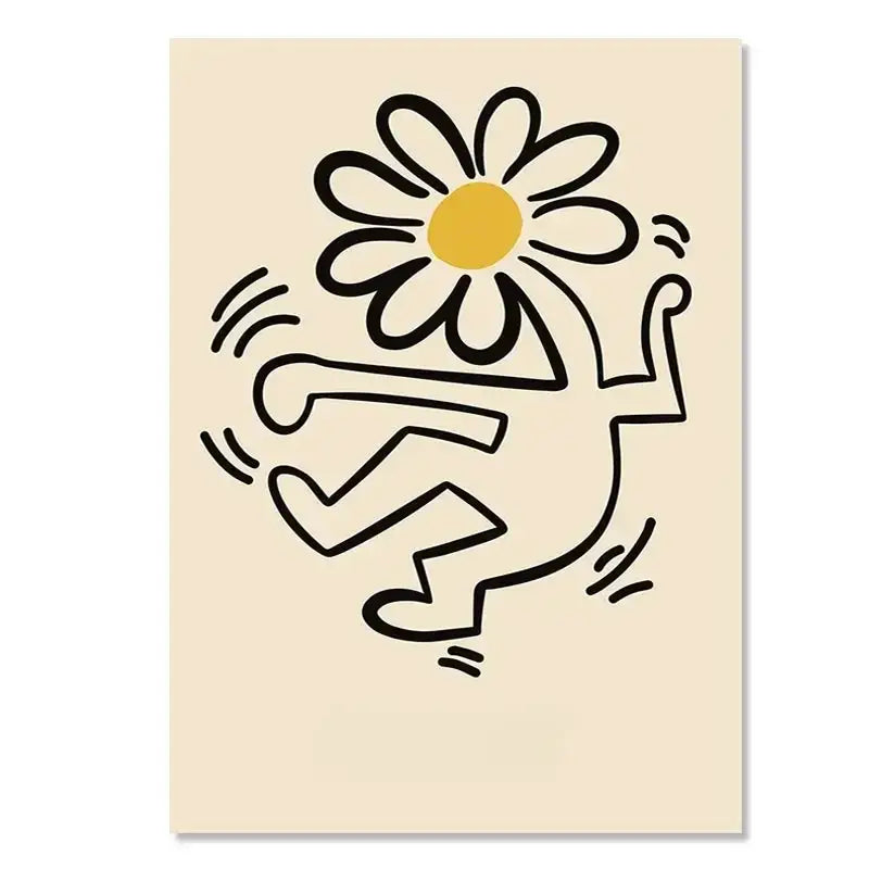 Beige canvas print featuring yayoi kusama inspired stylized black-outlined figure dancing beneath yellow floral canvas art