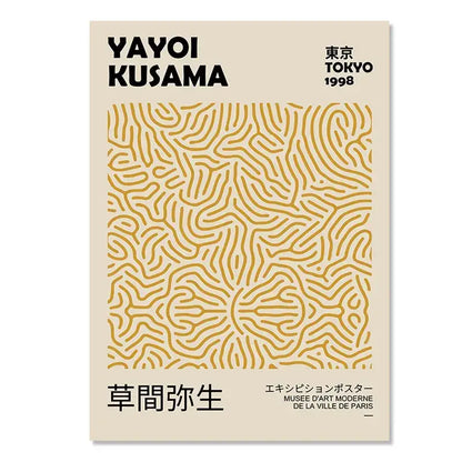 Beige wall art poster with gold maze pattern and black text showcasing yayoi kusama 1998 tokyo floral canvas art