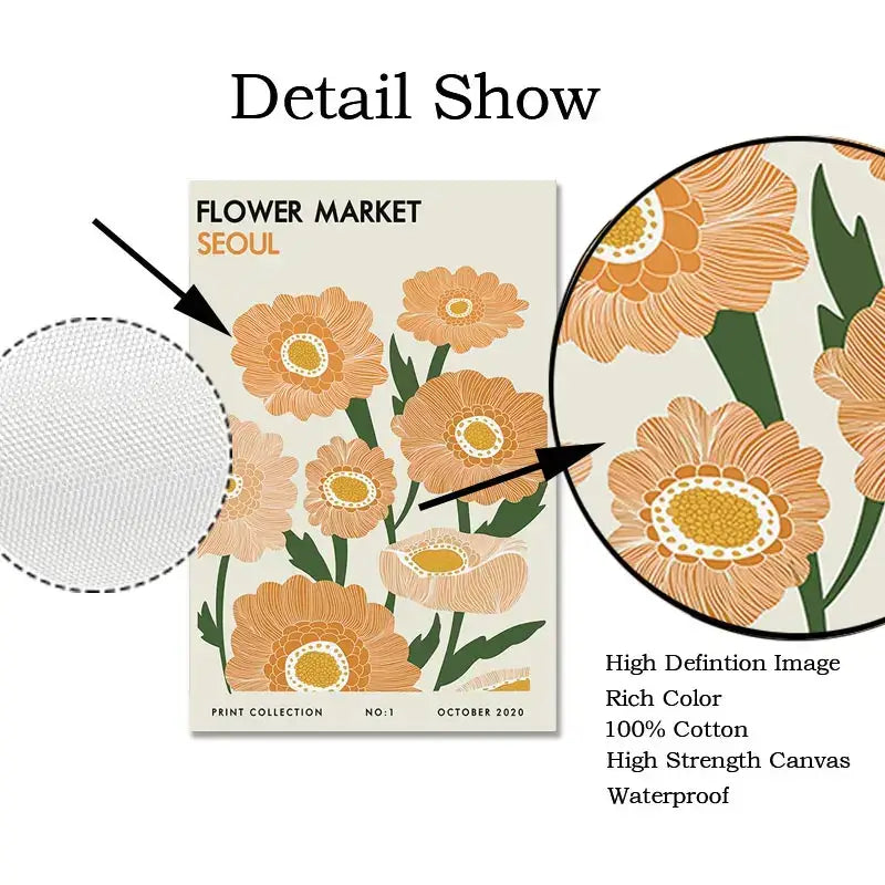 Beige canvas tote bag with vibrant orange green floral market print and flower market seoul text inspired by yayoi kusama floral canvas art