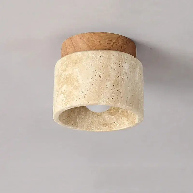 Decorbites™ yellow marble ceiling light with rounded shape natural wood top and textured beige stone body for home or commercial use