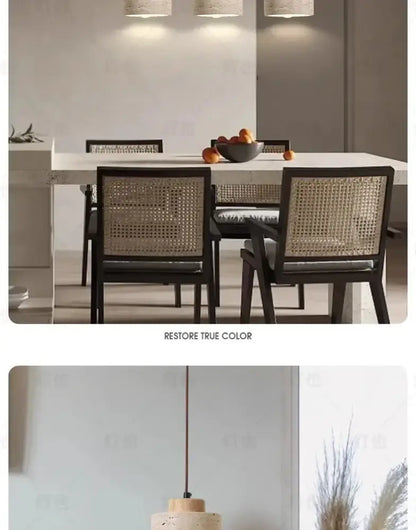 Modern dining set with dark wooden frames and woven cane backs under decorbites yellow stone led pendant chandelier