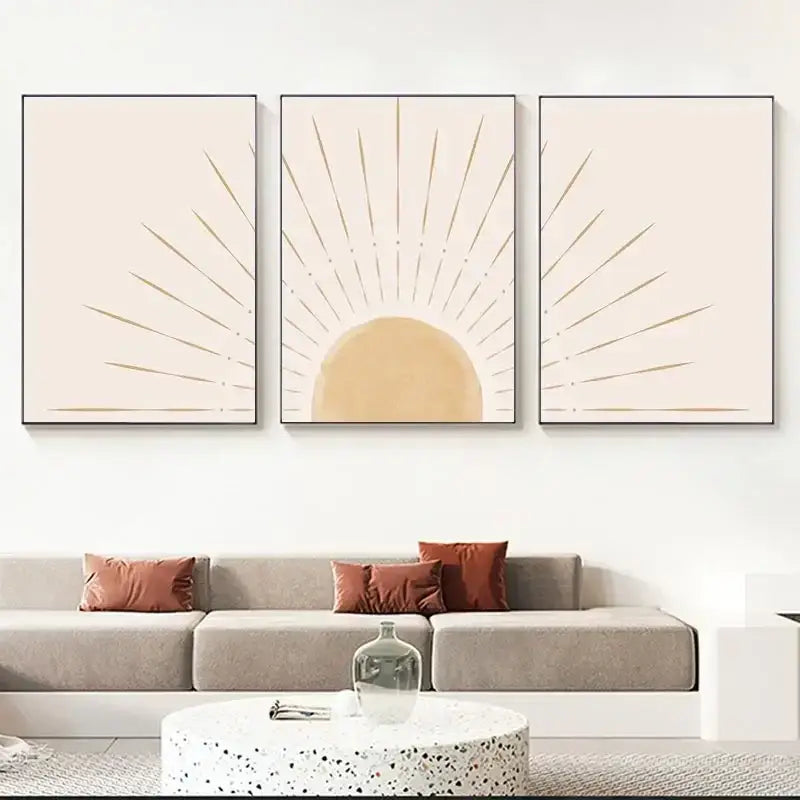 Minimalist DecorBites™ yellow sun rising horizon wall art with beige and gold tones framed in sleek black panels