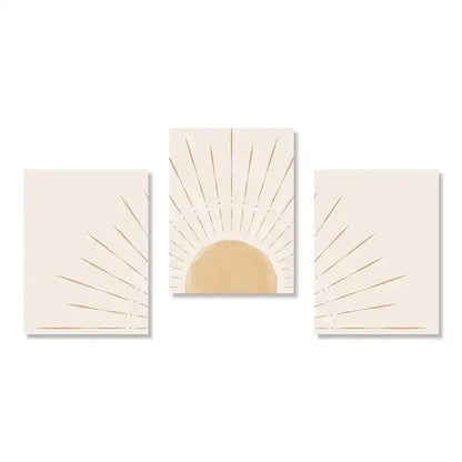 Set of three minimalist sun rising horizon wall art panels in cream and gold tones by DecorBites™