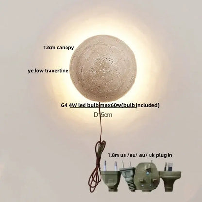 Modern yellow travertine wall sconce with round textured design 15cm diameter and 12cm canopy by decorbites yellow travertine