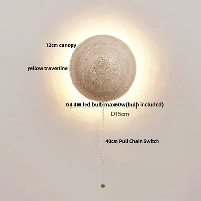 Modern yellow travertine wall sconce with textured round design and 12cm canopy and 40cm pull chain switch decorbites yellow travertine