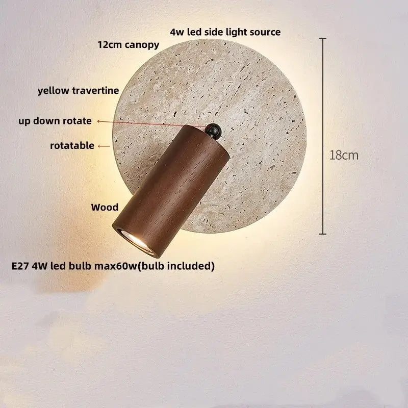 A modern wall sconce with circular yellow travertine canopy and adjustable cylindrical wooden lamp head decorbites yellow travertine