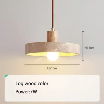 DecorBites yellow travertine pendant light with circular wooden shade and brown cord for kitchen island use