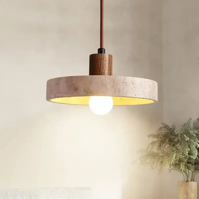DecorBites™ yellow travertine pendant light with a textured concrete ring wooden accent stone pendant for kitchen island