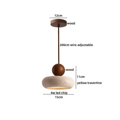 DecorBites™ yellow travertine pendant light with warm wooden mount and adjustable wire stone pendant for kitchen island