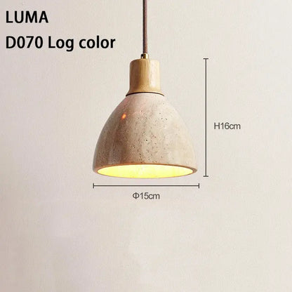 Decorbites yellow travertine pendant light with textured off-white stone pendant shade and natural wood top for kitchen island