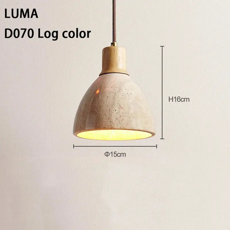 Decorbites yellow travertine pendant light with textured off-white stone pendant shade and natural wood top for kitchen island