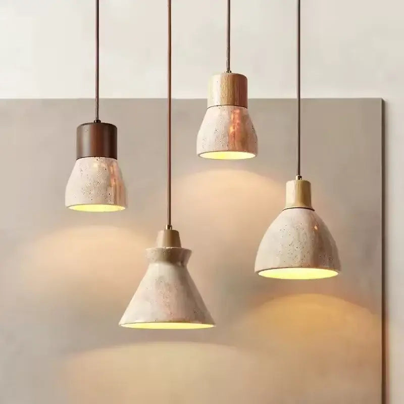 DecorBites™ yellow travertine pendant light with textured stone pendant shades and wooden accents for kitchen island lighting