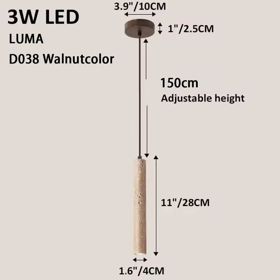 Walnut-colored cylindrical stone pendant light with textured concrete finish and adjustable height for kitchen island