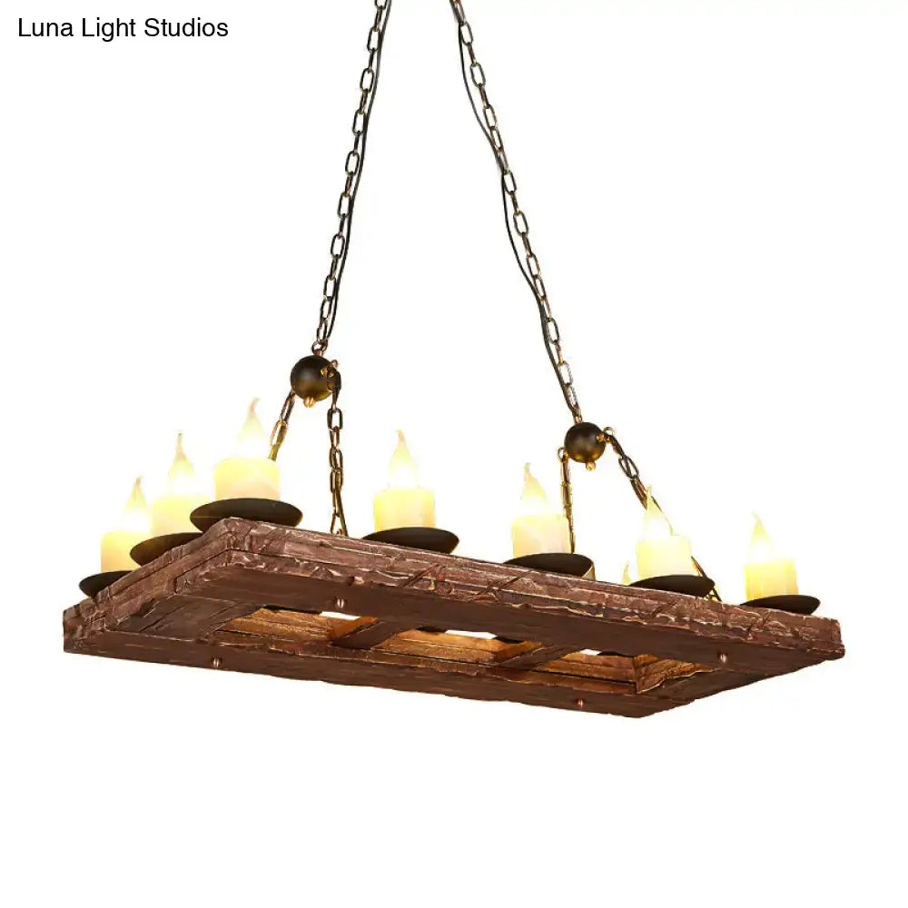 Rustic brown wooden chandelier with six glowing e12 e14 candle-style lights suspended by dark metal chains