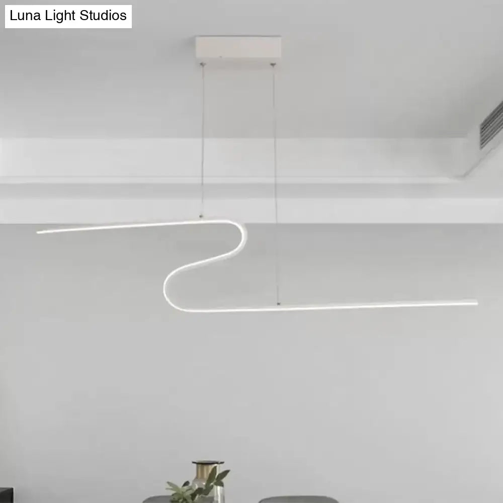 Modern white led linear island light pendant with sleek curved design featuring warm white lighting for kitchen and dining room