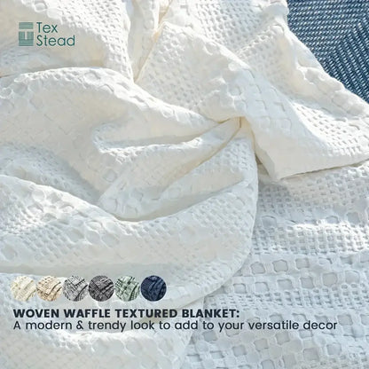 White woven cotton waffle blanket with soft plush feel and modern design for decorbites bamboo cotton bedroom use