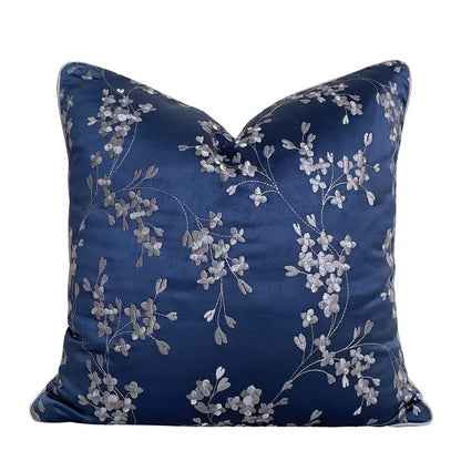 Deep blue satin cushion cover with delicate silver floral embroidery for elegant decorbites geometric jacquard decor