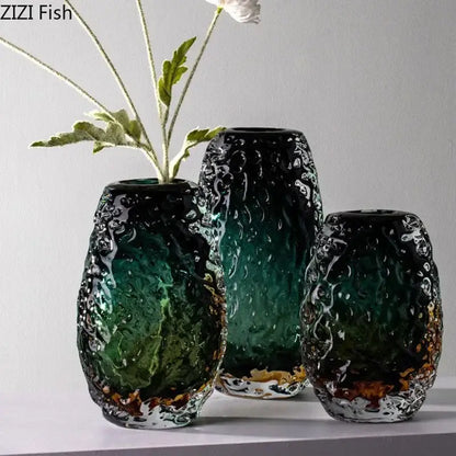 Three deep green textured glass vases with black gradient and gold accents for decorbites deep green living room decor