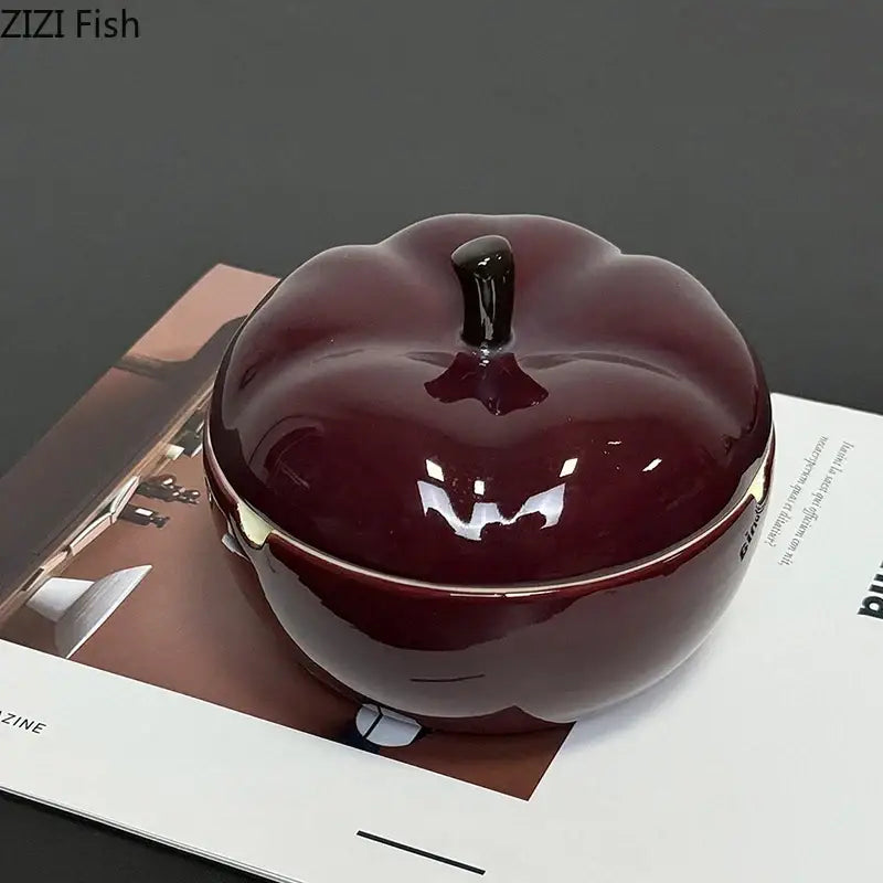 Glossy deep red ceramic apple ashtray with lid and black stem for decorbites deep red living room decor