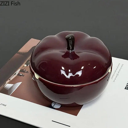 Glossy deep red ceramic apple ashtray with lid and black stem for decorbites deep red living room decor