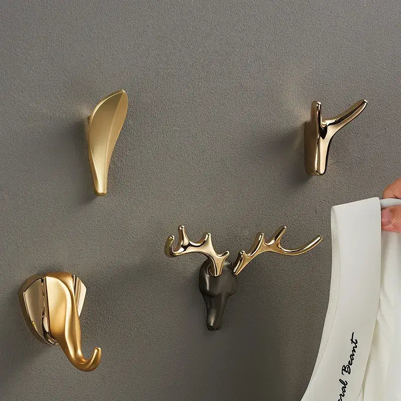 Gold-toned ceramic deer antler and elephant animal head robe hooks decorbites brass wall mount for towel holder