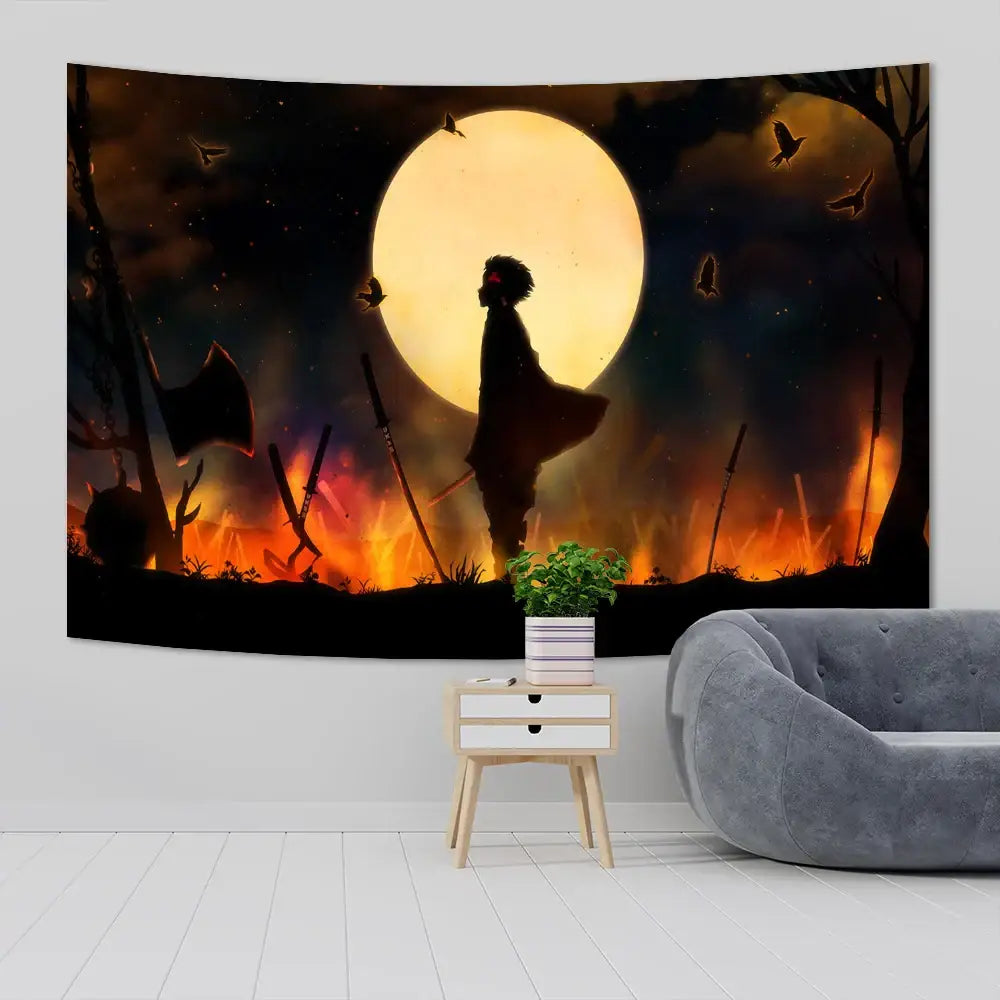 Demon slayer anime cloth wall tapestry featuring a silhouetted figure and glowing moon in fiery orange and black tones