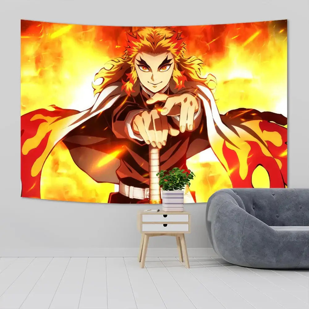 Vibrant orange and yellow flame-themed demon slayer anime cloth wall tapestry with fiery hair character for bedroom decor