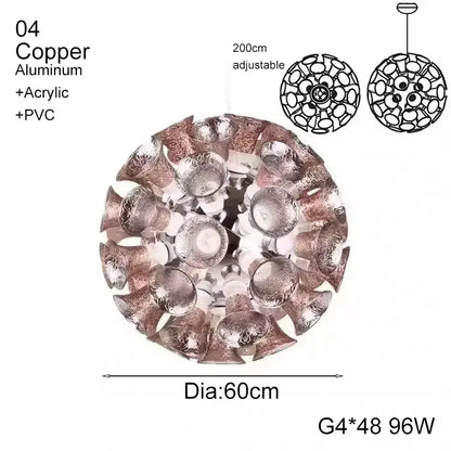 Designer luxury chalice gold petal pendant light featuring a spherical copper and aluminum chalice lamp frame with 48 bulbs
