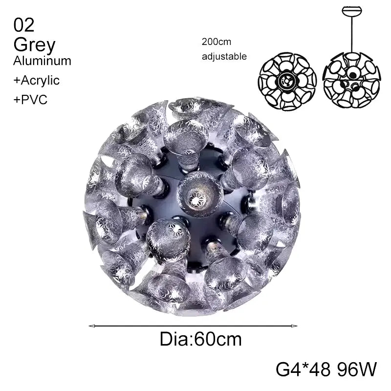 Designer luxury chalice pendant light with 48 g4 bulbs grey aluminum frame and floral acrylic shades for living room decorbites chalice lamp