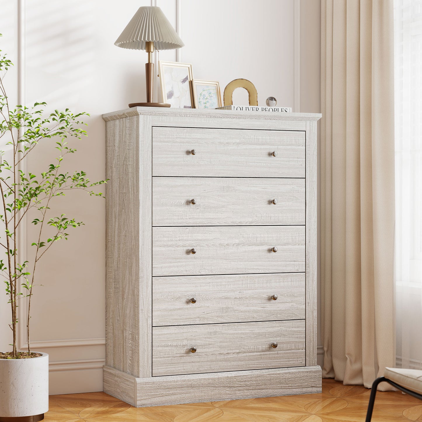 31 Wide Farmhouse Chest Of Drawers With 5 Drawers, Dresser For Bedroom With Wood Top For Living Room, Dirty Oak
