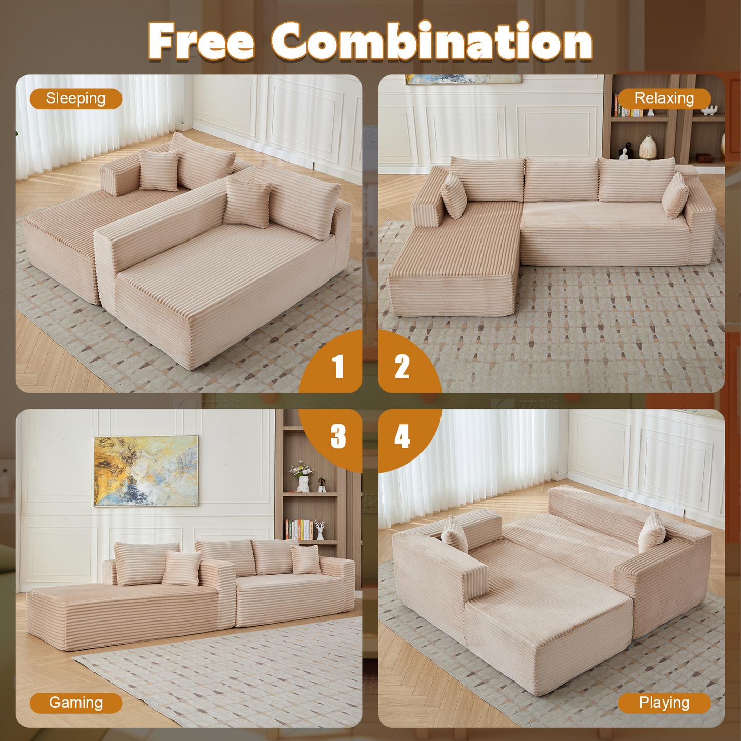 Kompressions-Sitzgruppen-Sofa mit bequemer Chaise, knochenloses L-förmiges Sofa mit tiefer Sitzfläche, minimalistisches modulares Schlafcouch-Sofa für Wohnzimmer, Schlafzimmer, Apartment und Lounge, Cord, Beige