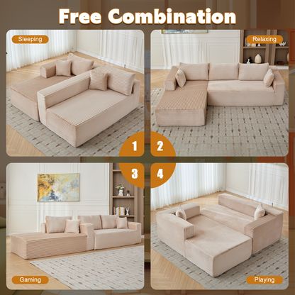 Kompressions-Sitzgruppen-Sofa mit bequemer Chaise, knochenloses L-förmiges Sofa mit tiefer Sitzfläche, minimalistisches modulares Schlafcouch-Sofa für Wohnzimmer, Schlafzimmer, Apartment und Lounge, Cord, Beige