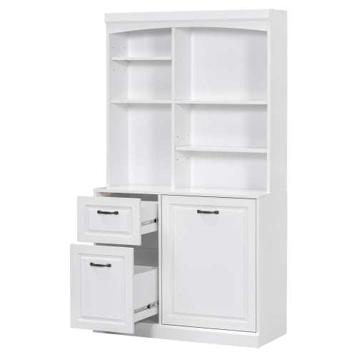 Badezimmerschrank mit ausklappbarem Wäschekorb, 70,9 Zoll hoher freistehender Organizer mit Schubladen und höhenverstellbaren Regalen, MDF-Leinen-Turm mit Stahlgriffen, weiße Oberfläche