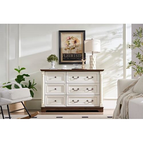 Landhaus-Stil 6-Schubladen-Kommode mit Sockel, Holzschnitzerei rustikale Schubladenkommode, Aufbewahrungskommode für Schlafzimmer, Wohnzimmer, schön robust und langlebig