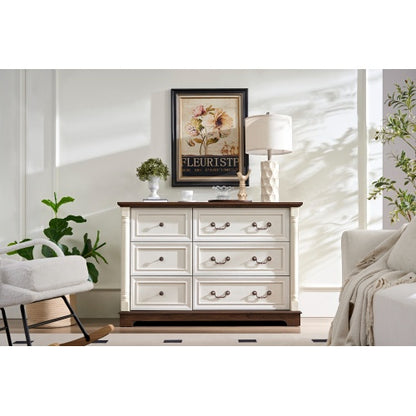 Landhaus-Stil 6-Schubladen-Kommode mit Sockel, Holzschnitzerei rustikale Schubladenkommode, Aufbewahrungskommode für Schlafzimmer, Wohnzimmer, schön robust und langlebig
