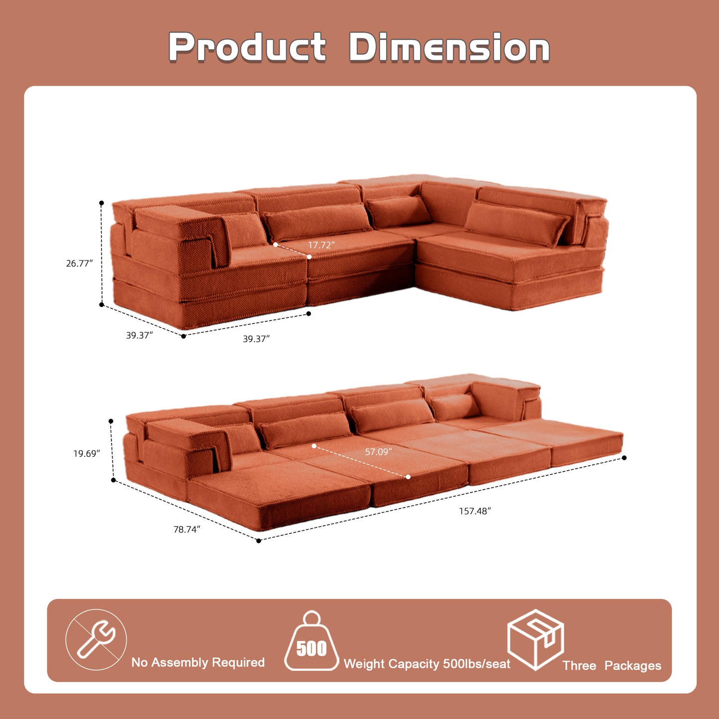 Kompressions-Mahjong-Sofa, Umwandelbares Boden-Sofa-Bett, DIY Knochenloses Modulares Sektional-Sofa, Keine Montage Erforderlich, Kreisförmiger Fleece-Stoff, Überdimensioniertes 4-Sitzer-Modell mit 4 Kissen, Orange