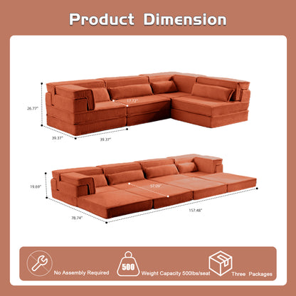 Kompressions-Mahjong-Sofa, Umwandelbares Boden-Sofa-Bett, DIY Knochenloses Modulares Sektional-Sofa, Keine Montage Erforderlich, Kreisförmiger Fleece-Stoff, Überdimensioniertes 4-Sitzer-Modell mit 4 Kissen, Orange
