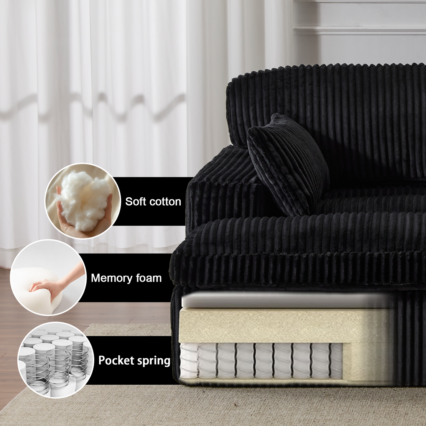 Doppel-Liege-Stuhl für Innenräume, Überdimensionierte Bezogene Schlafcouch Cloud-Sofa, Tief Sitzendes Luxus-Sofabett, Sektionale Sofa-Liege-Liebesitz, Corduroy-Lesestuhl für das Wohnzimmer, Keine Montage erforderlich, Schwarz