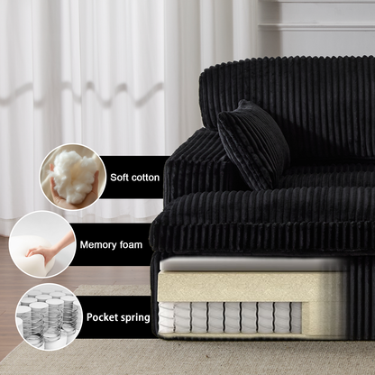 Doppel-Liege-Stuhl für Innenräume, Überdimensionierte Bezogene Schlafcouch Cloud-Sofa, Tief Sitzendes Luxus-Sofabett, Sektionale Sofa-Liege-Liebesitz, Corduroy-Lesestuhl für das Wohnzimmer, Keine Montage erforderlich, Schwarz