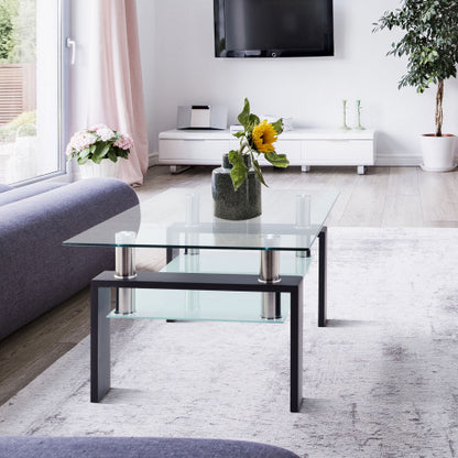 Rechteckiger Schwarzer Glas-Couchtisch, Klarer Couchtisch, Moderne Beistell- und Mittel-Tische für das Wohnzimmer, Möbel für das Wohnzimmer