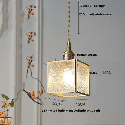 Square glass pendant light with brass metal frame and textured frosted panels for decorbites glass globe led lighting