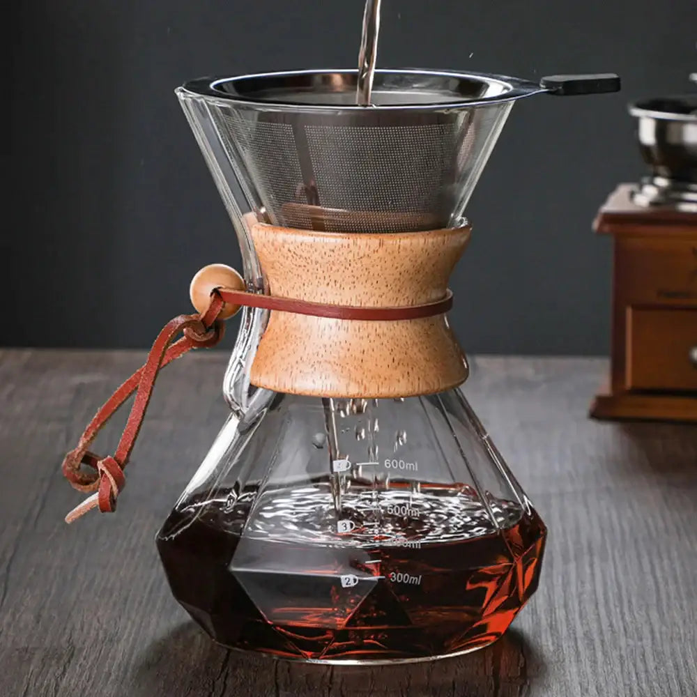 Clear glass diamond glass hand brew coffee maker with wooden collar and brown leather strap for kitchen dining